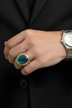 Okyanus Sedefi Taşlı Vav Desenli Gümüş Yüzük