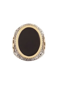 Oniks Taşlı Vav Desenli Gümüş Yüzük