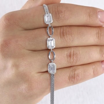 Baget Taşlı 3'lü Dikdörtgen Model Gümüş Bileklik