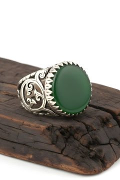 Yeşil Akik Taşlı El İşi Gümüş Yüzük