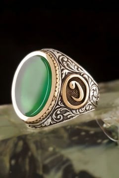 Yeşil Akik Taşlı Vav Desenli Gümüş Yüzük