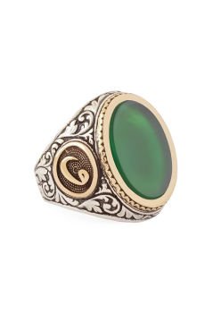 Yeşil Akik Taşlı Vav Desenli Gümüş Yüzük