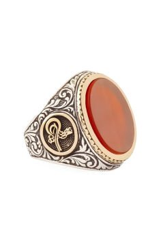 Akik Taşlı Tuğra Desenli Gümüş Yüzük