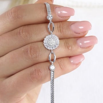 Baget Taşlı Papatya Model Gümüş Bileklik
