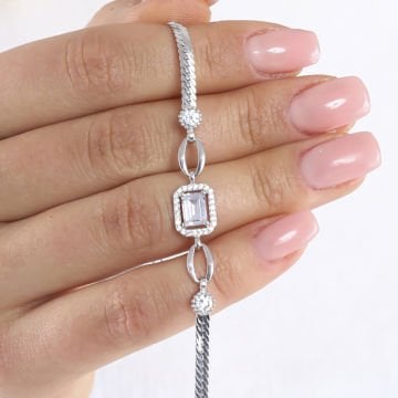 Zirkon Taşlı Dikdörtgen Model Gümüş Bileklik