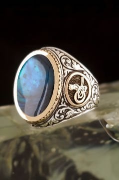 Okyanus Sedefi Taşlı Tuğra Desenli Gümüş Yüzük