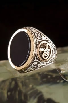 Oniks Taşlı Tuğra Desenli Gümüş Yüzük