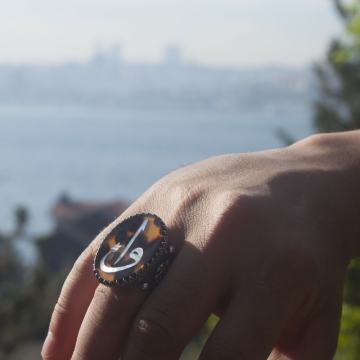 Bağa Üzeri Sedef Kakma Vav Elif El İşi Gümüş Yüzük