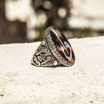 Bağa Üzeri Sedef Kakma Vav Elif El İşi Gümüş Yüzük