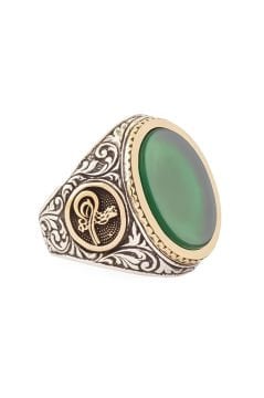 Yeşil Akik Taşlı Tuğra Desenli Gümüş Yüzük