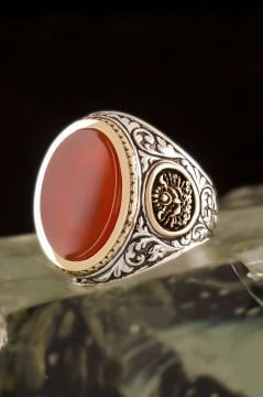 Akik Taşlı Devlet Arması Desenli Gümüş Yüzük