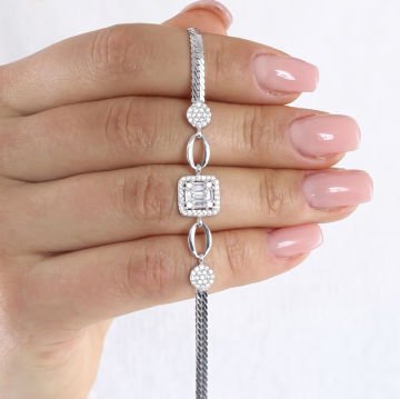 Baget Zirkon Taşlı Zincirli Gümüş Bileklik