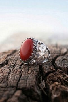 Mercan Taşlı Yonca Model El İşçiliği Erkek Gümüş Yüzük