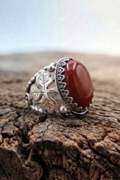 Mercan Taşlı Yonca Model El İşçiliği Erkek Gümüş Yüzük