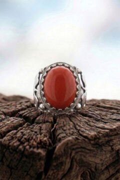 Mercan Taşlı Yonca Model El İşçiliği Erkek Gümüş Yüzük