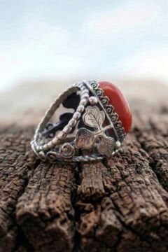 Mercan Taşlı Yonca Model El İşçiliği Erkek Gümüş Yüzük