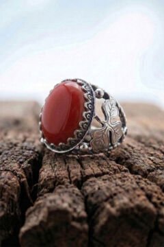 Mercan Taşlı Yonca Model El İşçiliği Erkek Gümüş Yüzük