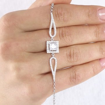 Kare Zirkon Taşlı Zincirli Gümüş Bileklik