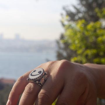 Fil Dişi Üzeri Abanoz Kakma Vav El İşi Yüzük