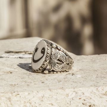 Fil Dişi Üzeri Abanoz Kakma Vav El İşi Yüzük