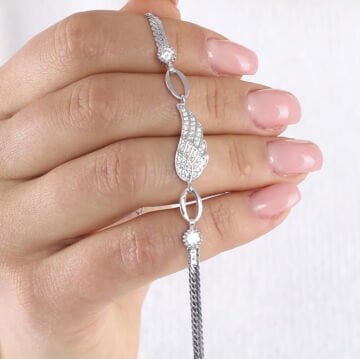 Zirkon Taşlı Tekli Melek Kanadı Gümüş Bileklik