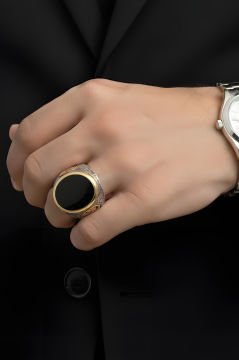 Oniks Taşlı Devlet Arması Desenli Gümüş Yüzük