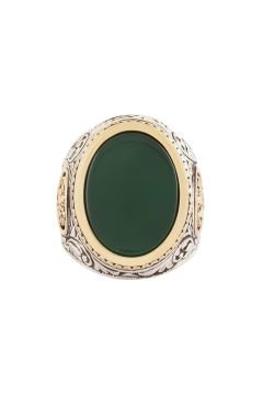 Yeşil Akik Devlet Arması Desenli Gümüş Yüzük