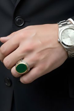 Yeşil Akik Devlet Arması Desenli Gümüş Yüzük