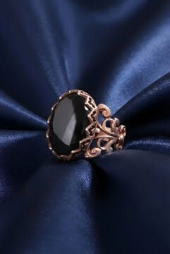 Rumi Model Oniks Taşlı El İşi Gümüş Yüzük 12 - Rose Rengi