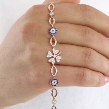 Yonca Yaprağı ve Nazar Boncuğu Gümüş Bileklik