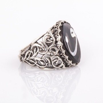 Oltu Taşı Sedef Kakma Vav Harfi El İşi Yüzük