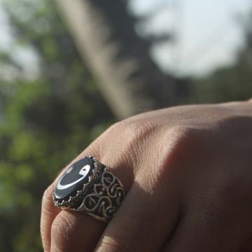 Oltu Taşı Sedef Kakma Vav Harfi El İşi Yüzük