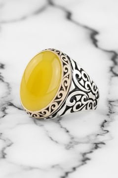 Sarı Akik Taşlı Gümüş Erkek Yüzük