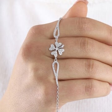 Zirkon Taşlı Dört Yapraklı Yonca Gümüş Bileklik
