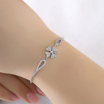 Zirkon Taşlı Dört Yapraklı Yonca Gümüş Bileklik