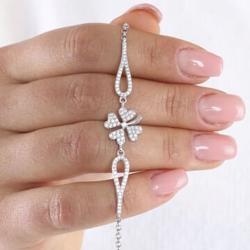 Zirkon Taşlı Dört Yapraklı Yonca Gümüş Bileklik