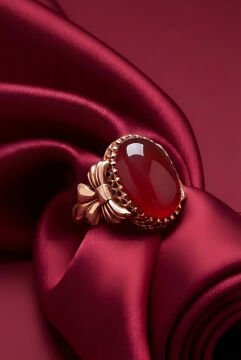 Kurdele Model Akik Taşlı El İşi Gümüş Yüzük 22 - Rose Rengi