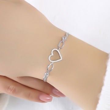 Zirkon Taşlı Kalp Model Gümüş Bileklik