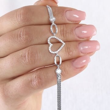 Zirkon Taşlı Kalp Model Gümüş Bileklik