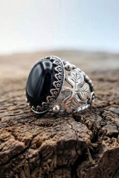 Oniks Taşlı Yonca Model El İşçiliği Erkek Gümüş Yüzük