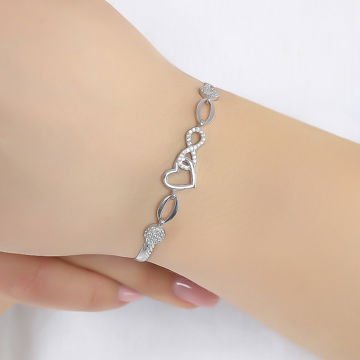 Zirkon Taşlı Kalp ve Sonsuzluk Gümüş Bileklik
