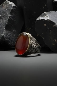 Akik Taşlı Gravür Desenli Gümüş Yüzük