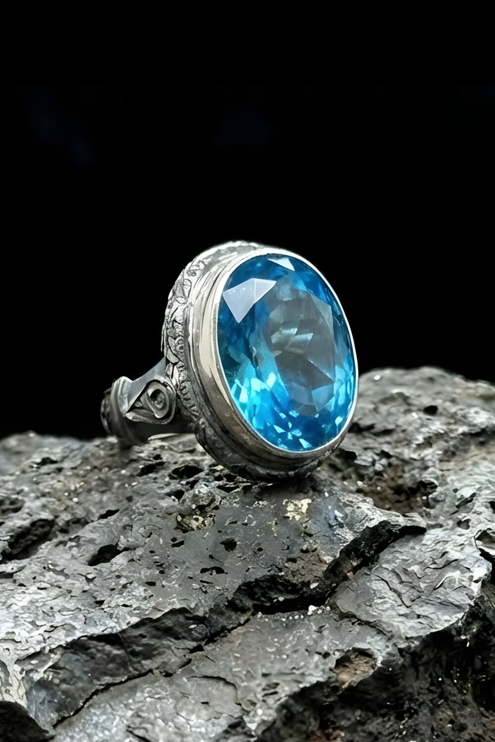 Usta İşi Erzurum Kalem İşçiliği Mavi Topaz Zirkon Taşlı Erkek Yüzük