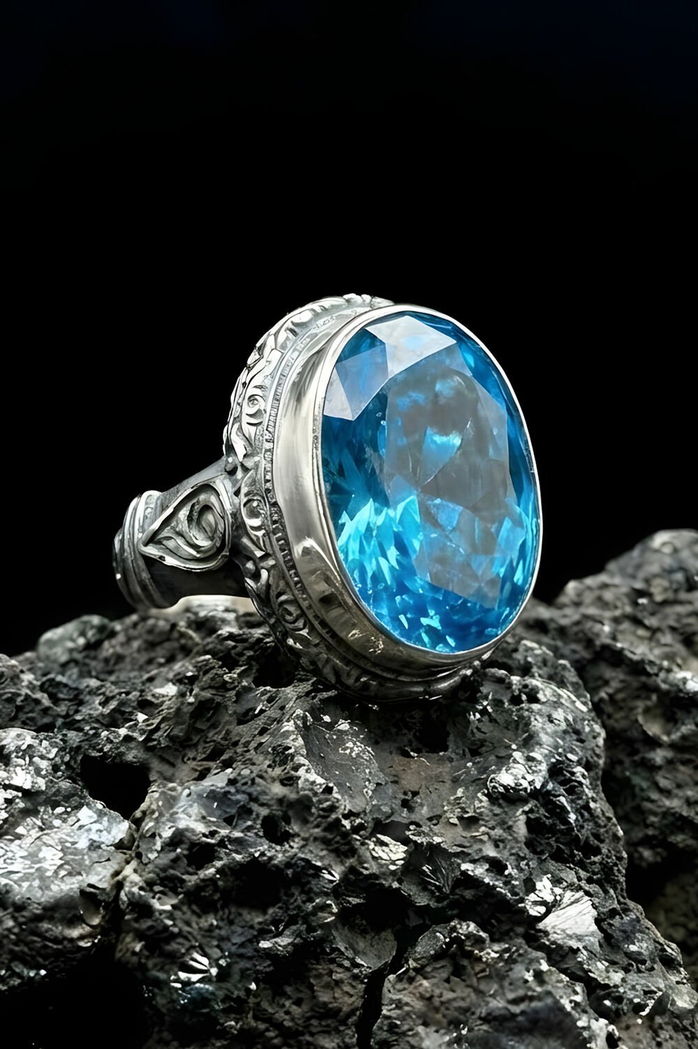 Usta İşi Erzurum Kalem İşçiliği Mavi Topaz Zirkon Taşlı Erkek Yüzük