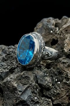 Usta İşi Erzurum Kalem İşçiliği Mavi Topaz Zirkon Taşlı Erkek Yüzük