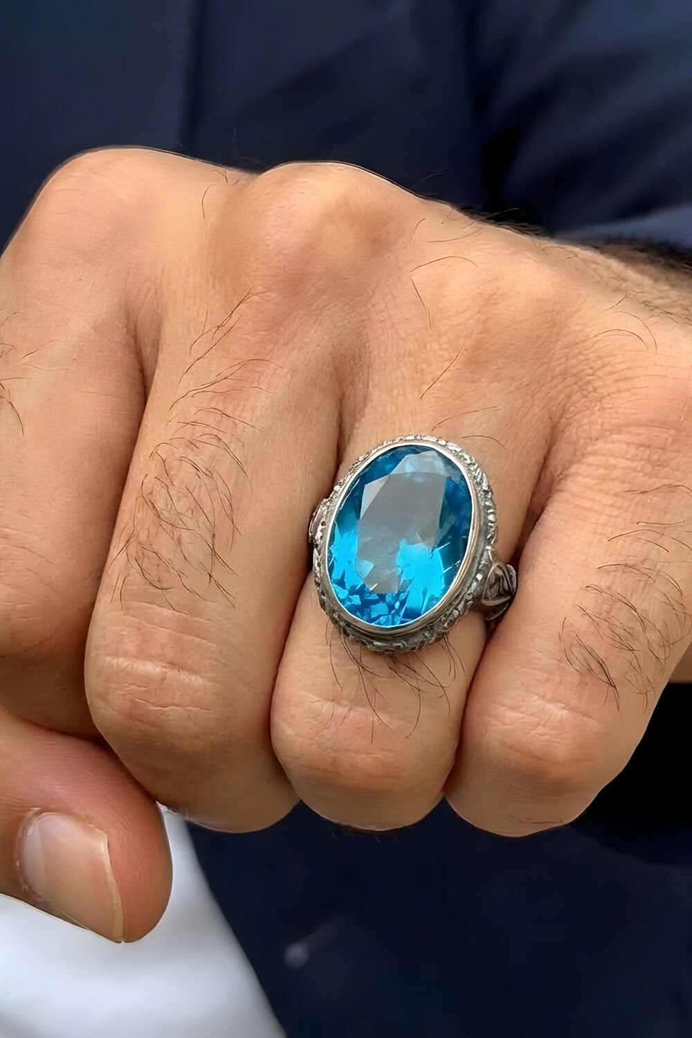 Usta İşi Erzurum Kalem İşçiliği Mavi Topaz Zirkon Taşlı Erkek Yüzük