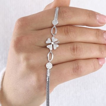Zirkon Taşlı Dört Yapraklı Yonca Gümüş Bileklik