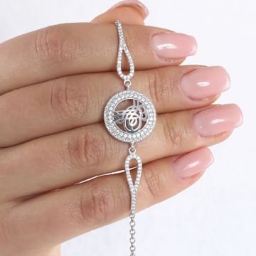 Zirkon Taşlı Tuğra Desenli Gümüş Bileklik