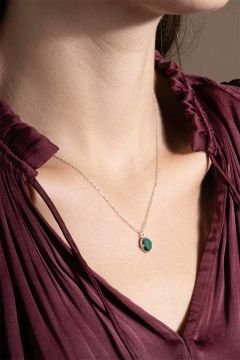 Malahit Taşlı Minimal Gümüş Kadın Kolye