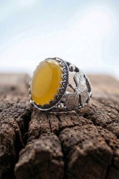 Sarı Akik Taşlı Yonca Model El İşçiliği Erkek Gümüş Yüzük